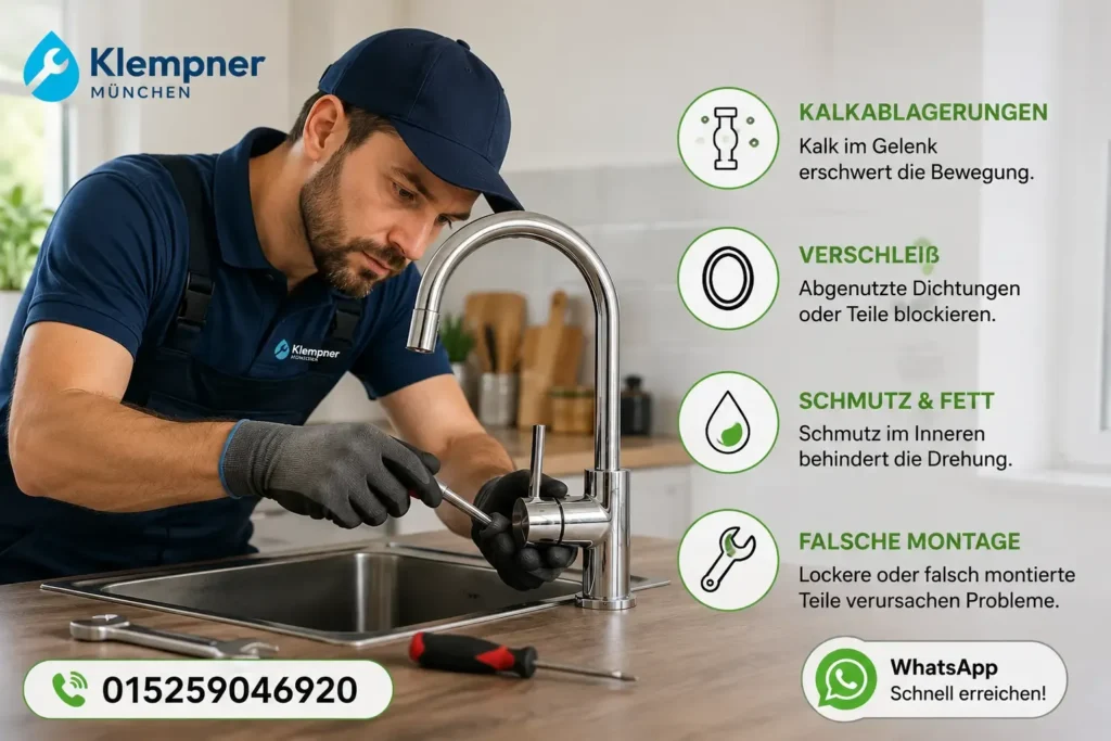 Klempner repariert eine schwergängige Armatur in einer modernen Küche.