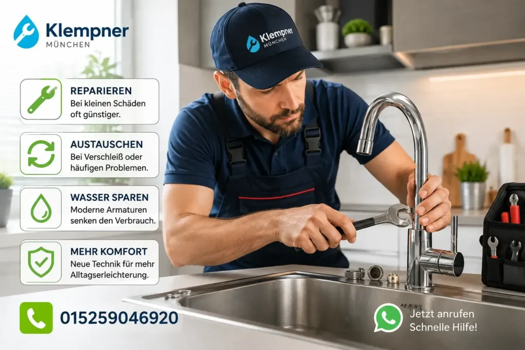 Klempner repariert eine Küchenarmatur und prüft den Wasserhahn auf Funktion und Dichtigkeit