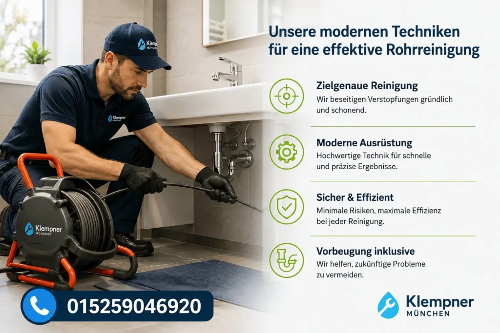 Klempner bei der Rohrreinigung mit moderner Technik und Ausrüstung