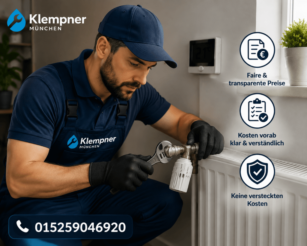 Fachmann bei der Reparatur einer Heizungsanlage mit transparenten Serviceleistungen