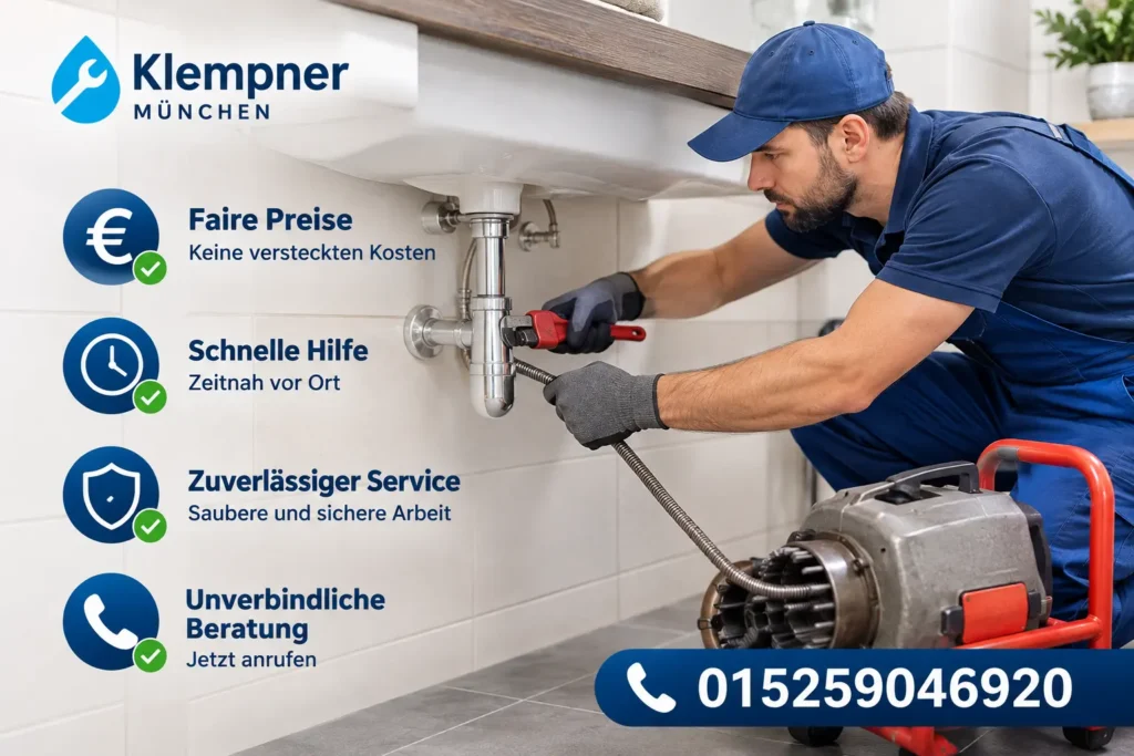 Professioneller Klempner bei der Rohrreinigung mit transparenten Preisen und Beratung.