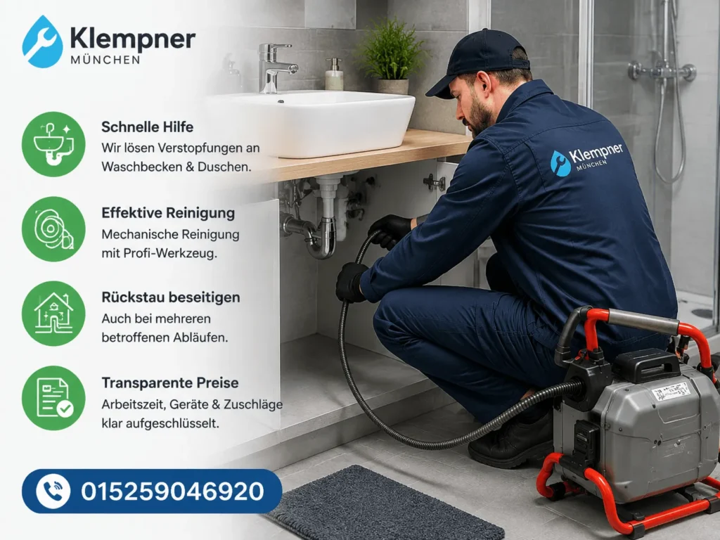 Fachmann bei der Rohrreinigung im modernen Badezimmer mit Service-Icons und Kontaktangabe.