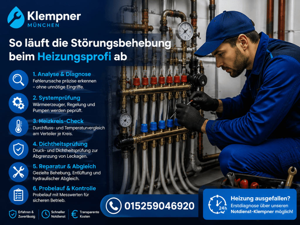 Heizungsfachmann bei der Reparatur einer Anlage mit Werkzeugen und Prüfgeräten