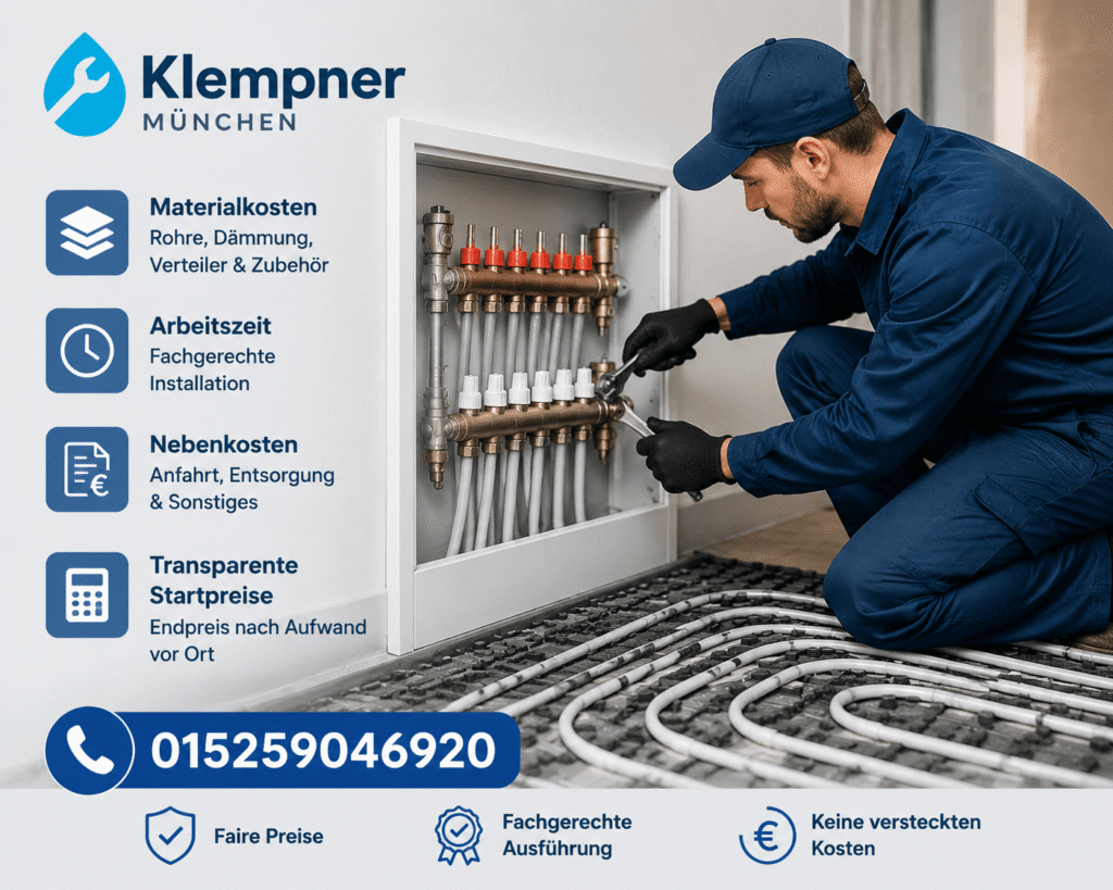 Fachmann bei der Installation einer modernen Heizungsanlage mit transparenter Kostenübersicht