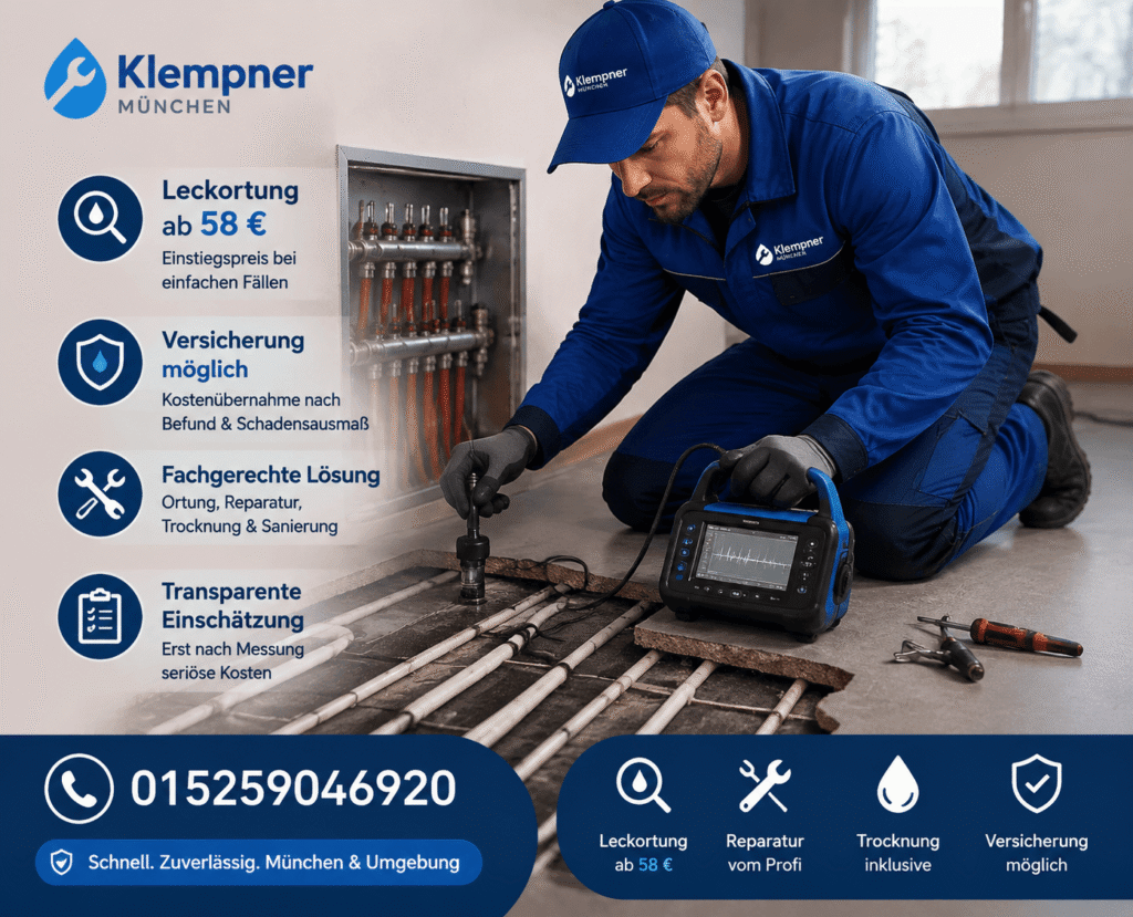 Fachmann bei der Lecksuche und Reparatur einer Heizungsanlage in München