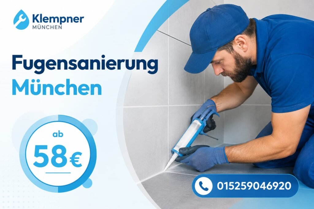 Handwerker bei der Reparatur von Fliesenfugen im Badezimmer mit Preisangebot und Kontaktinformation.