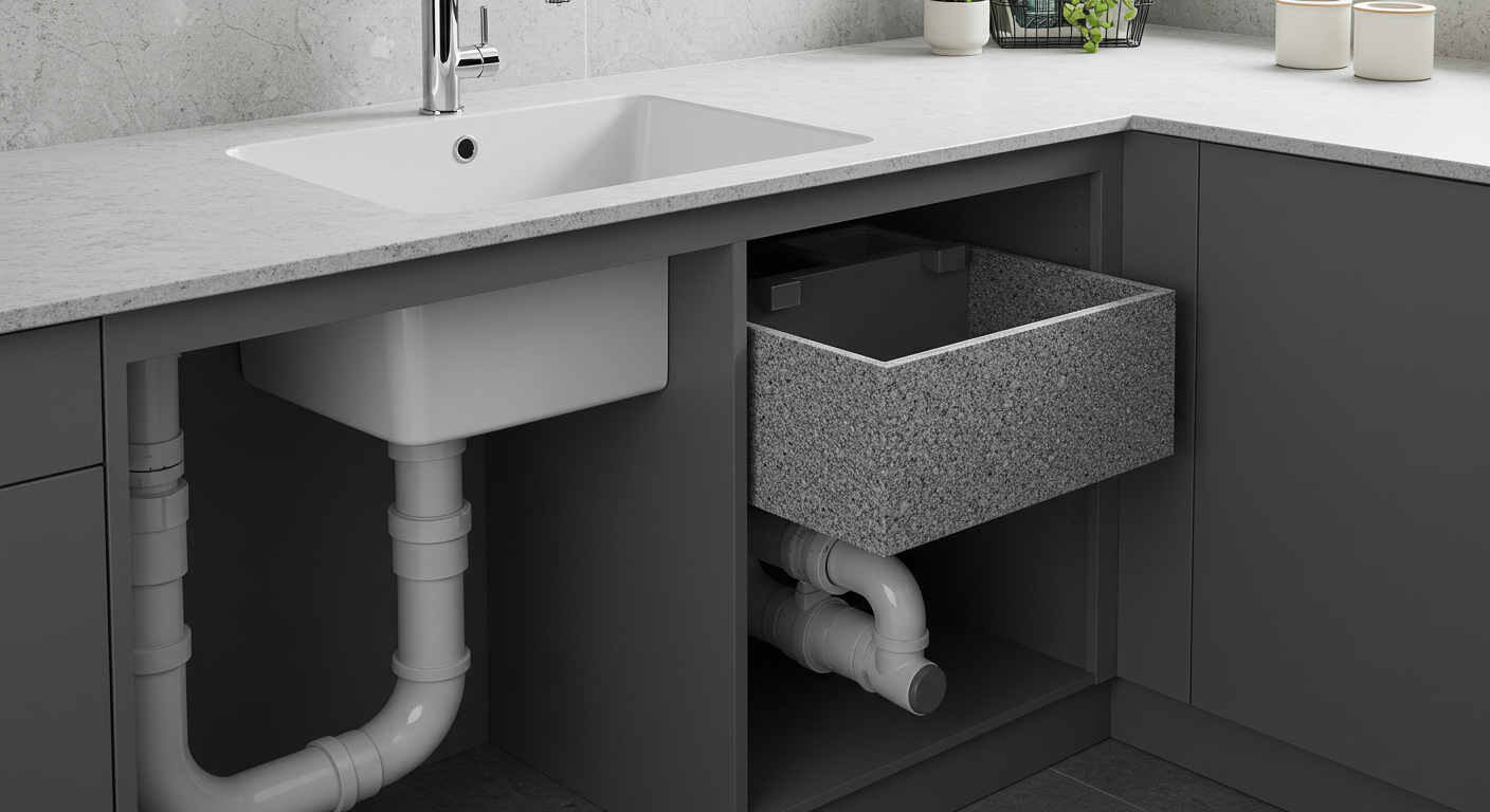Klempner in München repariert Küchenarmatur unter einer Granitspüle – nachhaltige Wassersysteme und professionelle Sanitärinstallation.