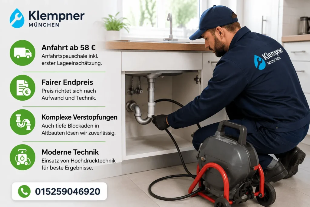 Klempner bei der professionellen Rohrreinigung in der Küche