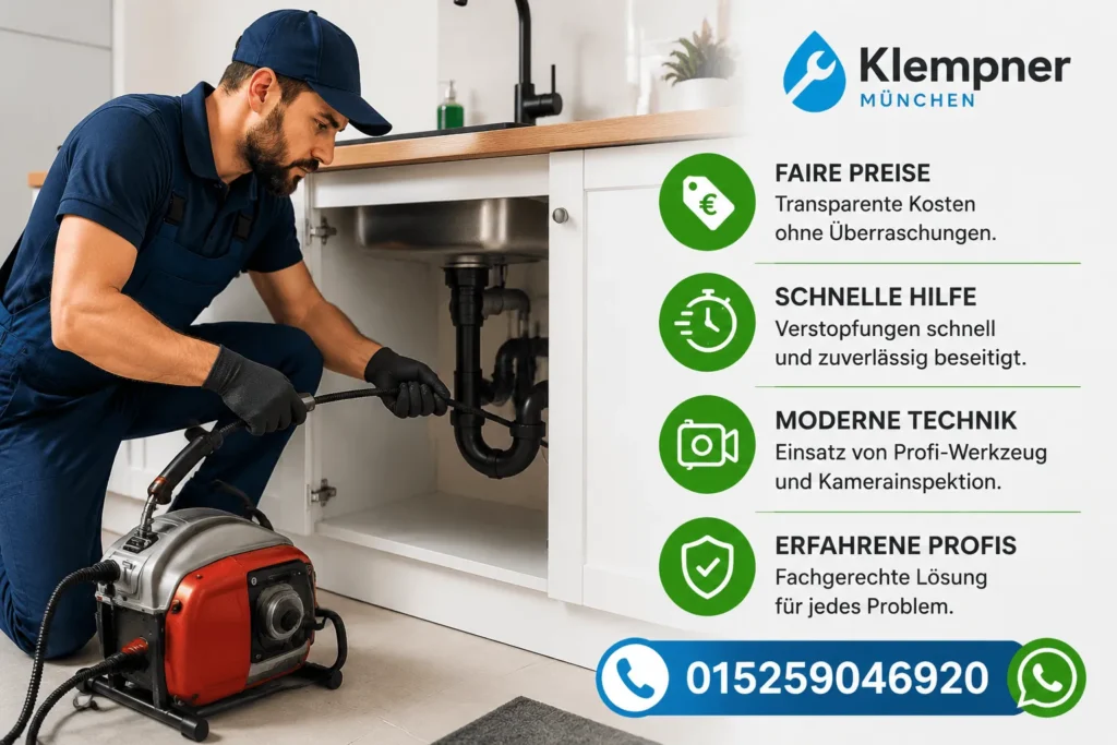 Fachmann behebt Rohrverstopfung mit moderner Ausrüstung unter einer Spüle.