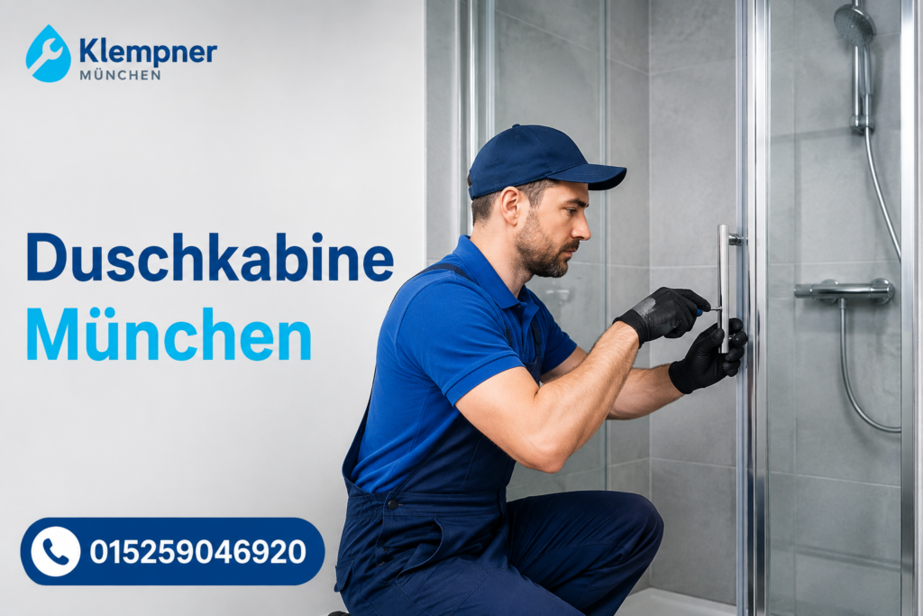 Installateur montiert moderne Glasdusche im Badezimmer