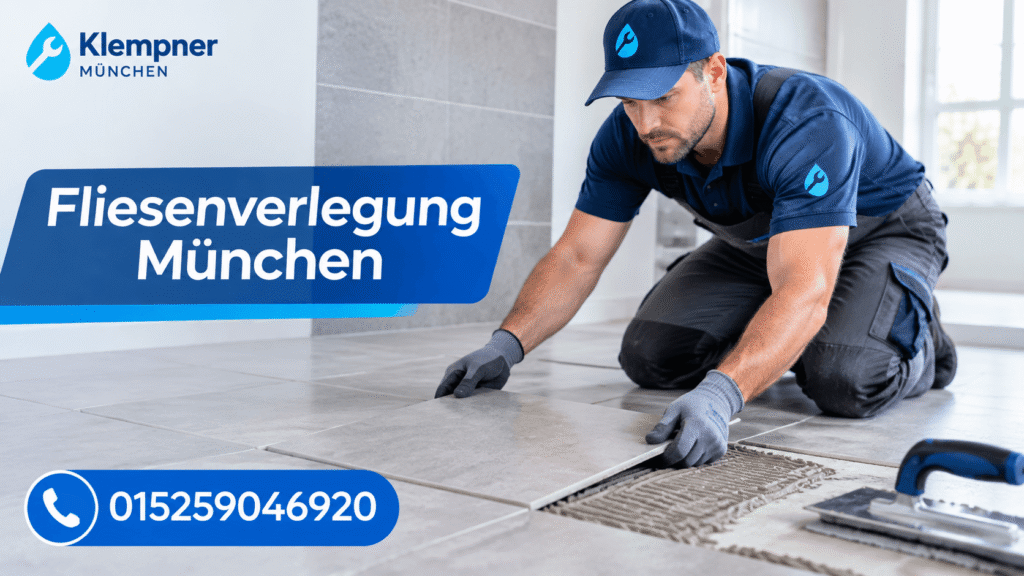 Fachmann beim Verlegen von Bodenfliesen im modernen Raum
